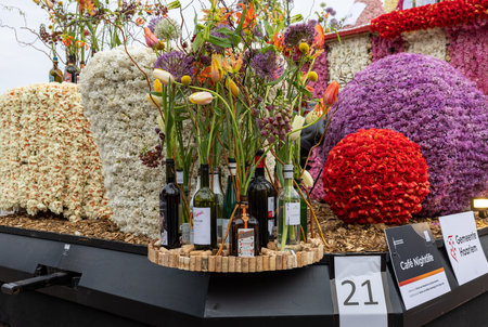 Noordwijk, Netherlands - April 22, 2023: Spectacular flower covered floats in the Bloemencorso...