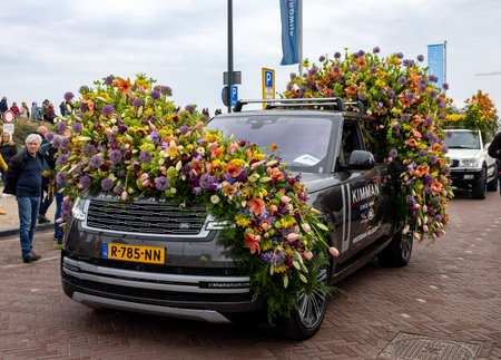 Noordwijk, Netherlands - April 22, 2023: Spectacular flower covered floats in the Bloemencorso Bollenstreek the annual spring flower parade from Noordwijk to Haarlem in the Netherlands.のeditorial素材