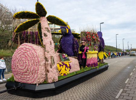 Noordwijk, Netherlands - April 22, 2023: Spectacular flower covered floats in the Bloemencorso Bollenstreek the annual spring flower parade from Noordwijk to Haarlem in the Netherlands.のeditorial素材