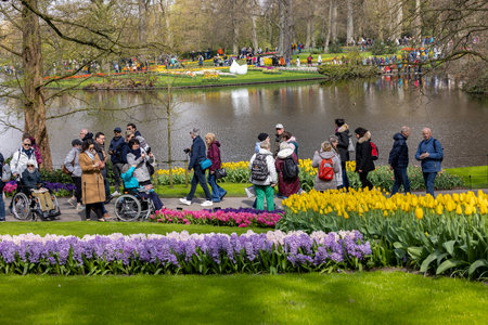 Keukenhof, Lisse Netherlands - April 18, 2023: Visitors at the Keukenhof Garden in Lisse, Netherlands.のeditorial素材
