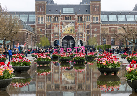 Amsterdam, Netherlands - April 21, 2023: The Rijksmuseum in Amsterdam - the largest exhibition on Dutch painter Johannes Vermeer ever - displaying 28 of his masterpiecesのeditorial素材