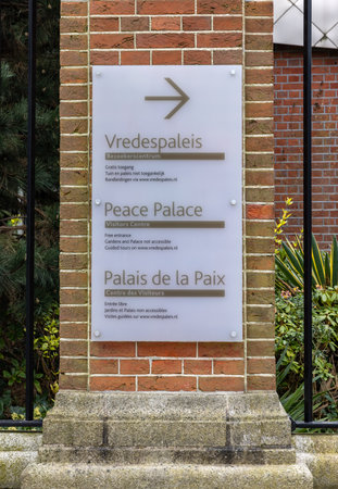 The Hague, Netherlands - April 17, 2023: Information board in front Peace Palace in The Hague, Netherlands, which houses the International Court of Justiceのeditorial素材