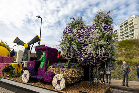 Noordwijk, Netherlands - April 22, 2023: Spectacular flower covered floats in the Bloemencorso...