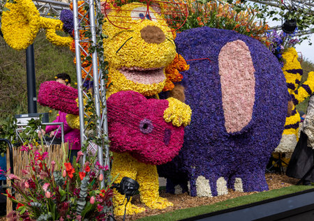 Noordwijk, Netherlands - April 22, 2023: Spectacular flower covered floats in the Bloemencorso Bollenstreek the annual spring flower parade from Noordwijk to Haarlem in the Netherlands.のeditorial素材