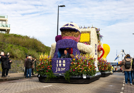 Noordwijk, Netherlands - April 22, 2023: Spectacular flower covered floats in the Bloemencorso...