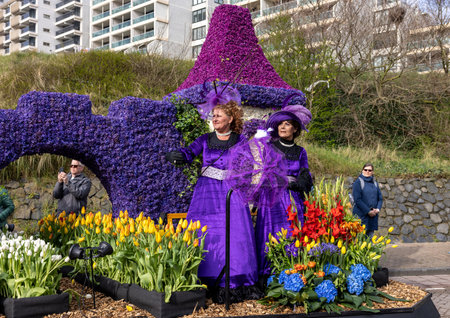 Noordwijk, Netherlands - April 22, 2023: Spectacular flower covered floats in the Bloemencorso Bollenstreek the annual spring flower parade from Noordwijk to Haarlem in the Netherlands.のeditorial素材