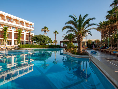 Rethymnon, Crete, Greece - Juni 15, 2022: Swimming pool at  hotel in Rethymnon on Crete, Greeceのeditorial素材