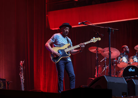 Cracow, Poland - July 17, 2023: Marcus Miller European Tour 2023 on stage in Congress Centre ICE...