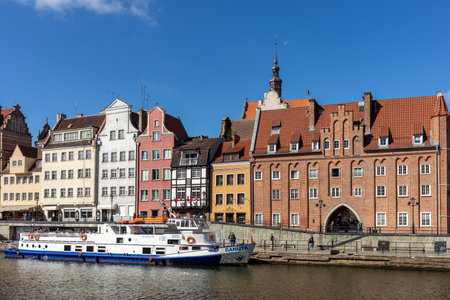 Gdansk, Poland - September 9, 2020: Passenger harbor on the MotÅawa River and a cruise ship at Dlugie Pobrzeze in old town of Gdanskのeditorial素材