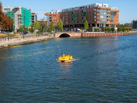 Gdansk, Poland - September 12, 2020: Relaxation on a hot day on the MotÅ‚awa River in Gdansk....
