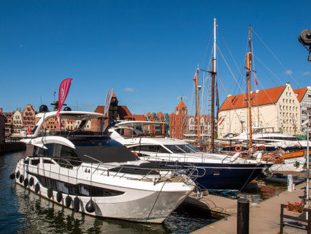 Gdansk, Poland - September 9, 2020: Motorboats and sailboats at the marina in Gdansk. Polandのeditorial素材
