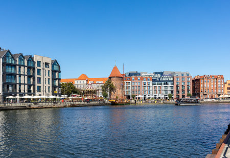 Gdansk, Poland - Sept 9, 2020: The architecture of the old GdaÅsk at the Fish Market / Targ Rybny / on the MotÅawa riverbankのeditorial素材