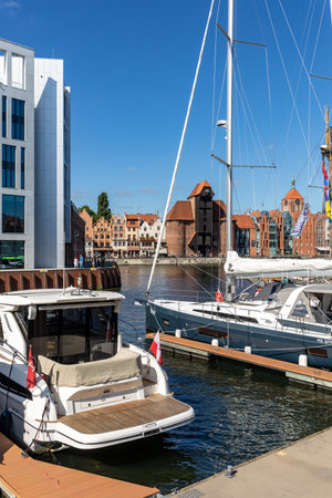 Gdansk, Poland - September 9, 2020: Motorboats and sailboats at the marina in Gdansk. Polandのeditorial素材