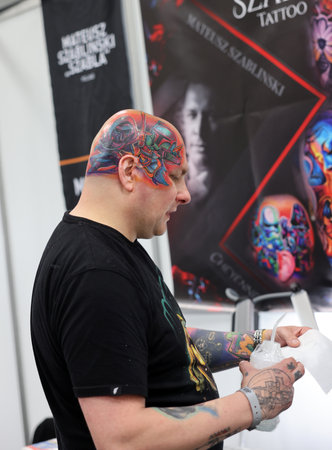 Krakow, Poland - June 12, 2022: Unidentified participant at 15th Tattoofest Convention in Cracow. One of the most prestigious tattoo festivals.のeditorial素材