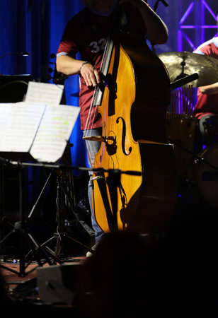 Double bass on the stage during the concertの写真素材
