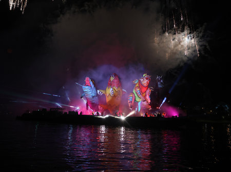 Cracow, Poland - June 4, 2022: Great Dragon Parade. The Great Outdoor Show on the Vistula River.のeditorial素材