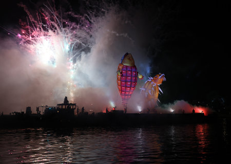 Cracow, Poland - June 4, 2022: Great Dragon Parade. The Great Outdoor Show on the Vistula River.のeditorial素材