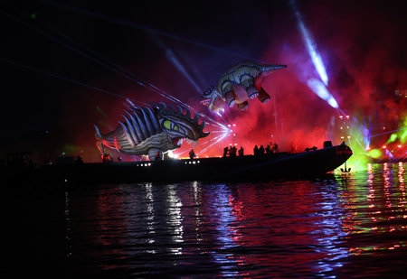 Cracow, Poland - June 4, 2022: Great Dragon Parade. The Great Outdoor Show on the Vistula River.のeditorial素材