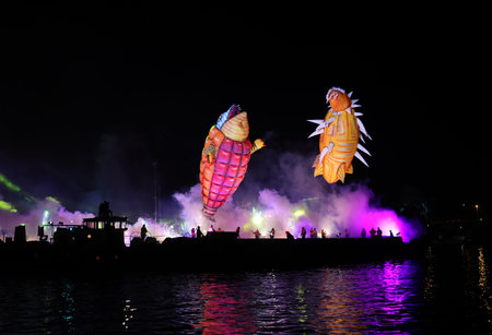Cracow, Poland - June 4, 2022: Great Dragon Parade. The Great Outdoor Show on the Vistula River.のeditorial素材
