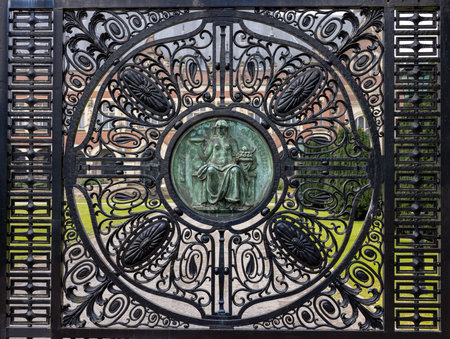 The Hague, Netherlands - April 17, 2023: Figure of Harmony (Concordia) on the black wrought iron gates of the Peace Palace in The Hague, which houses the International Court of Justiceのeditorial素材