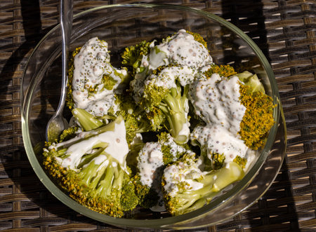 Healthy diet. Steamed broccoli topped with yogurt sauceの写真素材
