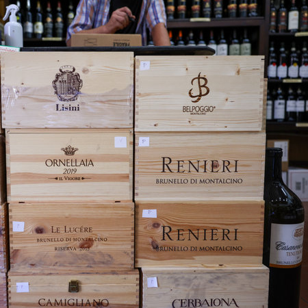 Montalcino, Italy - September 12, 2022: Interior of a wine shop in Montalcino ,Tuscany, Italy. Montalcino is famous for its Brunello di Montalcino wine.のeditorial素材