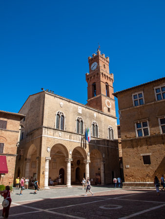 Pienza, Italy - Sept 12, 2022: Pienza, a tiny village in the Tuscany, known as the ideal city of the Renaissance and a capital of pecorino cheese. UNESCO World Heritage Site.のeditorial素材