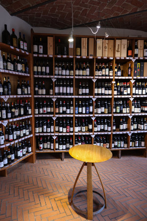 La Morra, Piedmont, Italy - Sept 8, 2022: Interior of a wine shop in La Morra, Piedmont, Italyのeditorial素材
