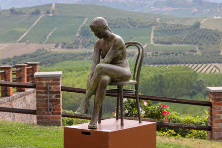 Grinzane Cavour, Italy - Sept 8, 2022: Open air art installation with sculptures by Sergio Unia in the garden of Grinzane Cavour Castle. Piedmont, Italyのeditorial素材