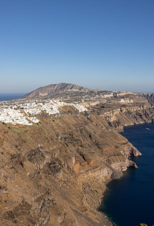 Panoramic view of the Santorini caldera cliffs from the Imerovigli village on Santorini island, Greeceの写真素材