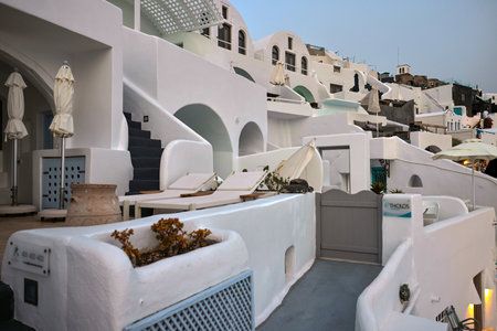 Imerovigli, Santorini, Greece - July 1, 2021: Whitewashed houses in Imerovigli on Santorini island, Cyclades, Greeceのeditorial素材