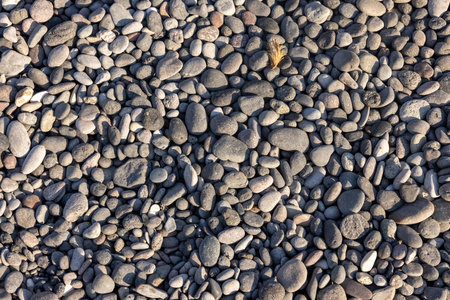 Background of sea stones. Close-up of stones of different shapes and sizes on the beachの写真素材