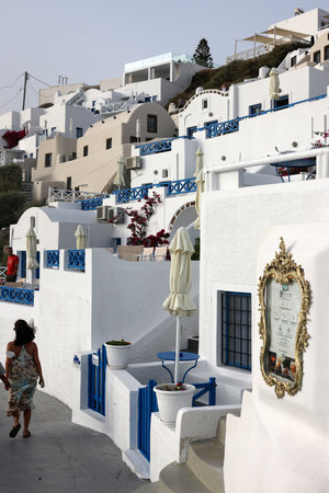 Imerovigli, Santorini, Greece - July 1, 2021: Whitewashed houses in Imerovigli on Santorini island, Cyclades, Greeceのeditorial素材