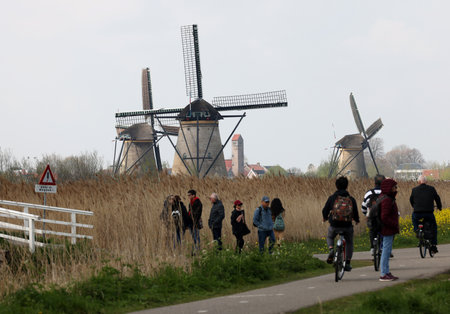 Kinderdijk, the Netherlands - April 17, 2023: 19 windmills at Kinderdijk built about 1740 is part of a larger water management system to prevent flooding. A UNESCO world heritage site.のeditorial素材