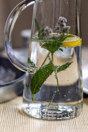 Fresh water with lemon and mint is the best for a hot dayの写真素材
