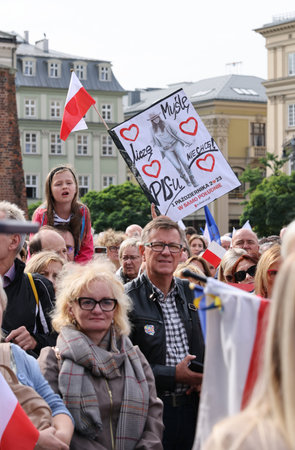 Cracow, Poland - October 1, 2023: Million Hearts March in Krakow. Crowds of Poles march through the streets of Krakow protesting against PiS's ruleのeditorial素材