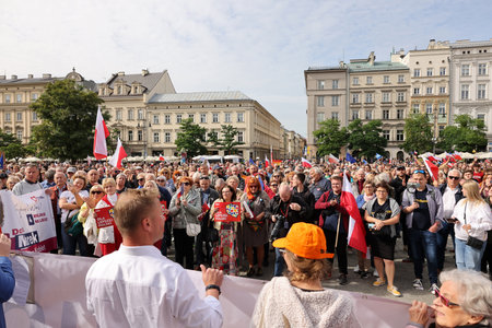 Cracow, Poland - October 1, 2023: Million Hearts March in Krakow. Crowds of Poles march through the streets of Krakow protesting against PiS's ruleのeditorial素材