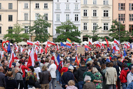 Cracow, Poland - October 1, 2023: Million Hearts March in Krakow. Crowds of Poles march through the streets of Krakow protesting against PiS's ruleのeditorial素材