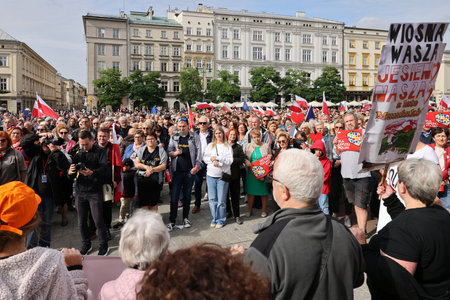 Cracow, Poland - October 1, 2023: Million Hearts March in Krakow. Crowds of Poles march through the streets of Krakow protesting against PiS's ruleのeditorial素材