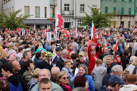 Cracow, Poland - October 1, 2023: Million Hearts March in Krakow. Crowds of Poles march through the streets of Krakow protesting against PiS's ruleのeditorial素材