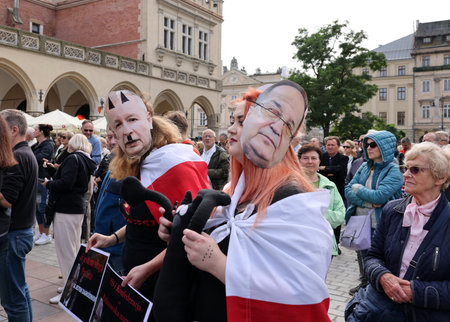 Cracow, Poland - October 1, 2023: Million Hearts March in Krakow. Crowds of Poles march through the streets of Krakow protesting against PiS's ruleのeditorial素材