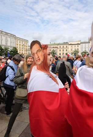 Cracow, Poland - October 1, 2023: Million Hearts March in Krakow. Crowds of Poles march through the streets of Krakow protesting against PiS's ruleのeditorial素材