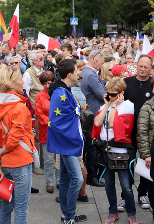 Cracow, Poland - October 1, 2023: Million Hearts March in Krakow. Crowds of Poles march through the streets of Krakow protesting against PiS's ruleのeditorial素材