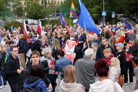 Cracow, Poland - October 1, 2023: Million Hearts March in Krakow. Crowds of Poles march through the streets of Krakow protesting against PiS's ruleのeditorial素材