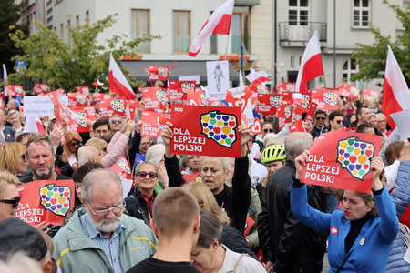 Cracow, Poland - October 1, 2023: Million Hearts March in Krakow. Crowds of Poles march through the streets of Krakow protesting against PiS's ruleのeditorial素材