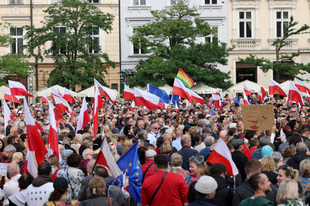 Cracow, Poland - October 1, 2023: Million Hearts March in Krakow. Crowds of Poles march through the streets of Krakow protesting against PiS's ruleのeditorial素材