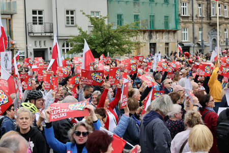 Cracow, Poland - October 1, 2023: Million Hearts March in Krakow. Crowds of Poles march through the streets of Krakow protesting against PiS's ruleのeditorial素材