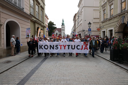 Cracow, Poland - October 1, 2023: Million Hearts March in Krakow. Crowds of Poles march through the streets of Krakow protesting against PiS's ruleのeditorial素材