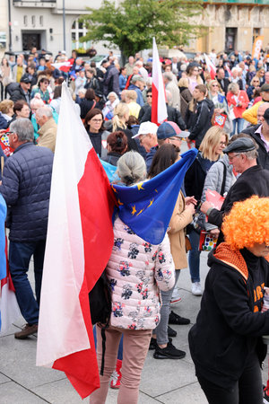 Cracow, Poland - October 1, 2023: Million Hearts March in Krakow. Crowds of Poles march through the streets of Krakow protesting against PiS's ruleのeditorial素材