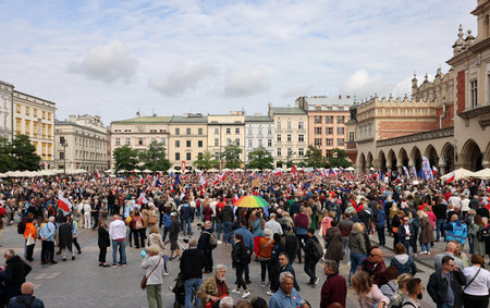 Cracow, Poland - October 1, 2023: Million Hearts March in Krakow. Crowds of Poles march through the streets of Krakow protesting against PiS's ruleのeditorial素材